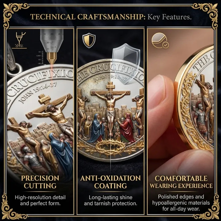 Crucifixion & Resurrection Dual-Sided Faith Pendant – Antique Gold Religious Memorial Necklace with Gift Box