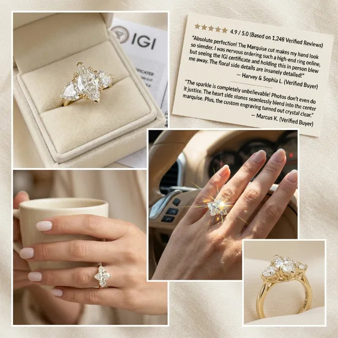 Grand Marquise & Double Heart Statement Ring — Handcrafted Vintage Floral Engraving & V-Claw Protection