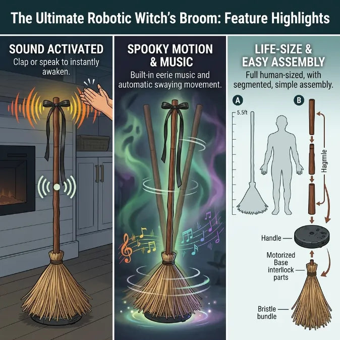 Animated Floating Witch Broomstick – Sound-Activated Dancing Halloween Broom with Smart Obstacle Avoidance