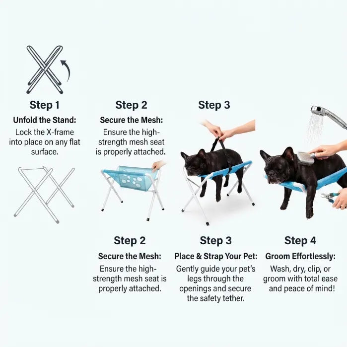 Foldable Pet Grooming & Bathing Stand – Portable Anti-Sway Bath Hammock Station with Harness for Cats & Small Dogs