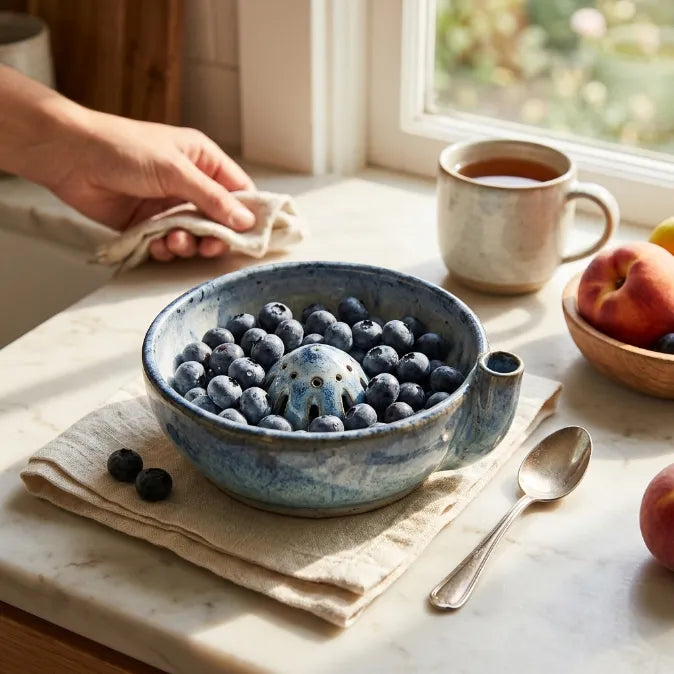 Vortex Self-Rinsing Ceramic Berry Bowl | 2-in-1 Fruit Washer & Serving Strainer