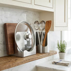 Heavy-Duty Stainless Steel Kitchen Utensil Holder & Pot Lid Rest Stand – 5-in-1 Countertop Spoon Rack & Cutting Board Organizer