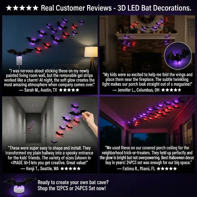 Light-Up 3D Halloween Bat Wall Decals with Twinkling LED Lights – 100% Wall-Safe & Reusable