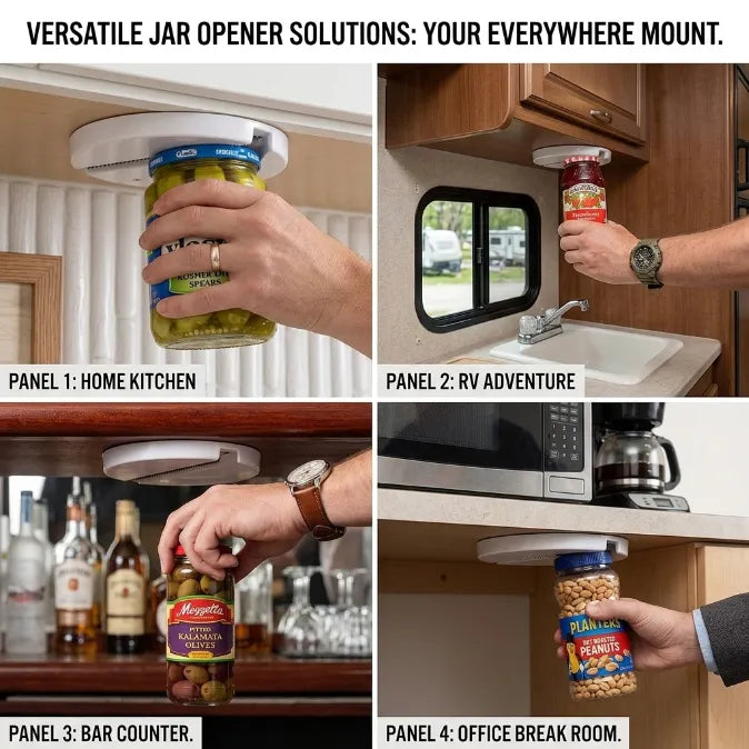 Under-Cabinet Jar Opener - Effortless 1-Second Lid Remover for Weak Hands & Arthritis (Concealed Space-Saving Design)