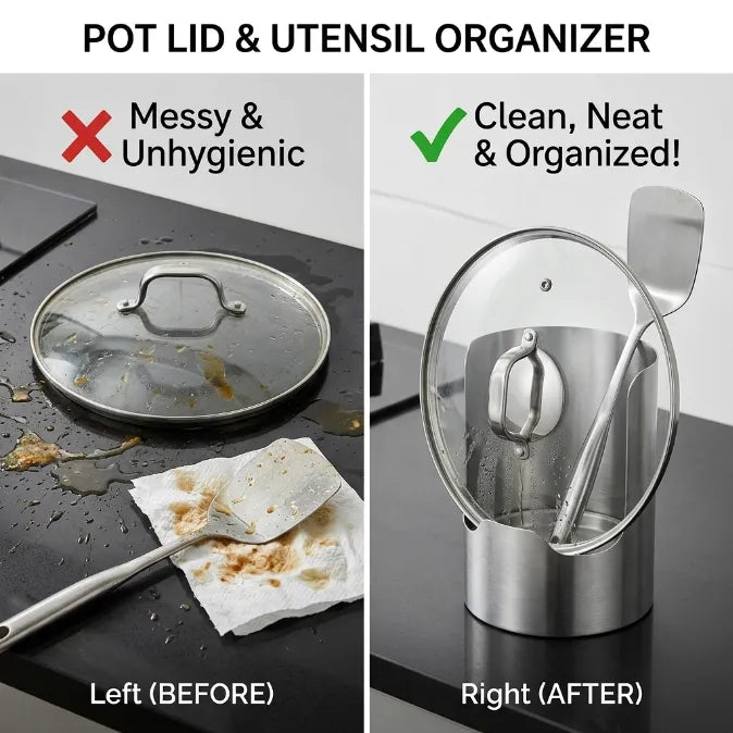 Heavy-Duty Stainless Steel Kitchen Utensil Holder & Pot Lid Rest Stand – 5-in-1 Countertop Spoon Rack & Cutting Board Organizer