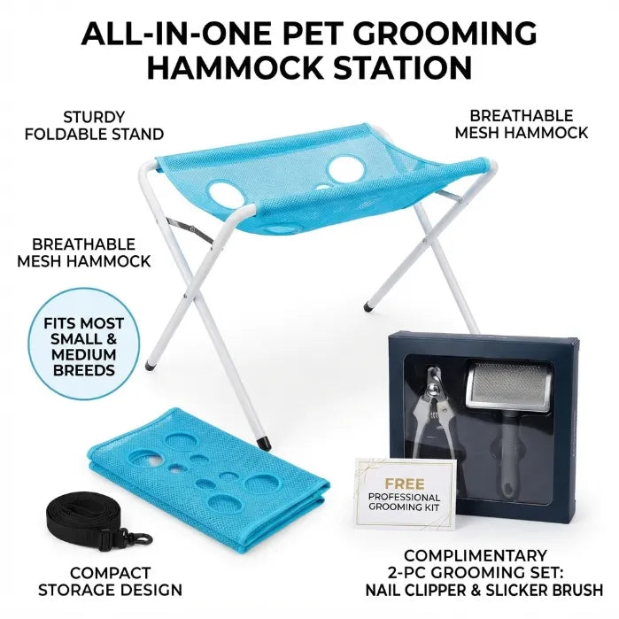 Foldable Pet Grooming & Bathing Stand – Portable Anti-Sway Bath Hammock Station with Harness for Cats & Small Dogs