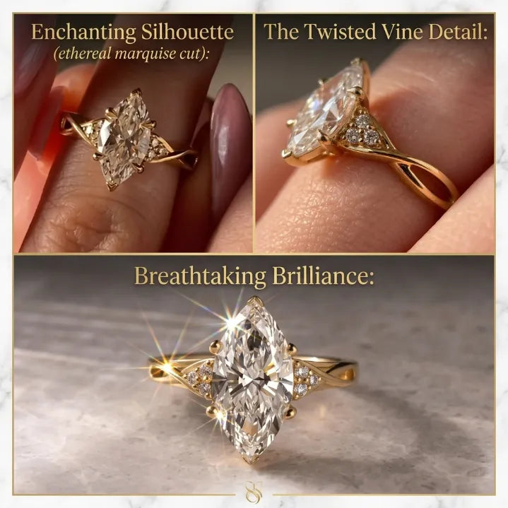 Fairy-Tale Marquise Cut Moissanite Ring | Elegant Twisted Vine Engagement Ring for Women | E Color VVS1 Sparkle