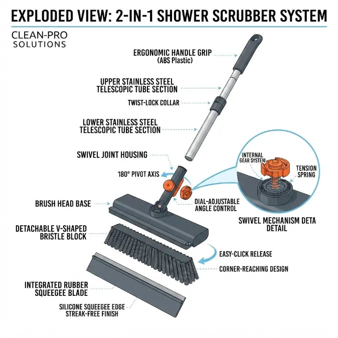 3-in-1 Long Handle Scrub Brush with Squeegee - Ergonomic L-Shaped Floor & Tile Scrubber for Bathroom, Shower, Grout & Baseboards (No Bending Required)