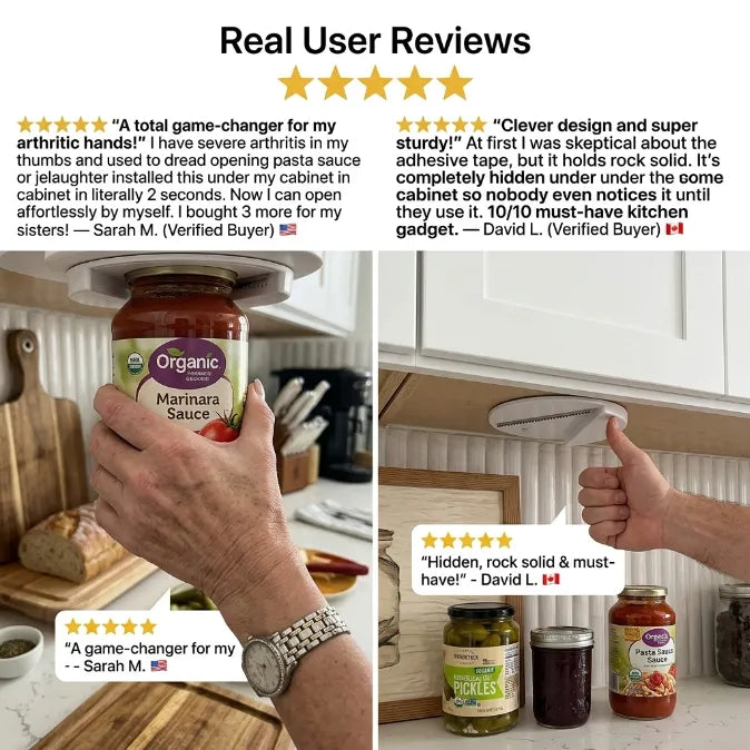 Under-Cabinet Jar Opener - Effortless 1-Second Lid Remover for Weak Hands & Arthritis (Concealed Space-Saving Design)