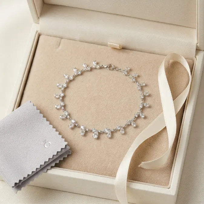 Organic Scattered Cluster Tennis Bracelet – 14K White Gold Plated Silver Vine Bracelet for Women