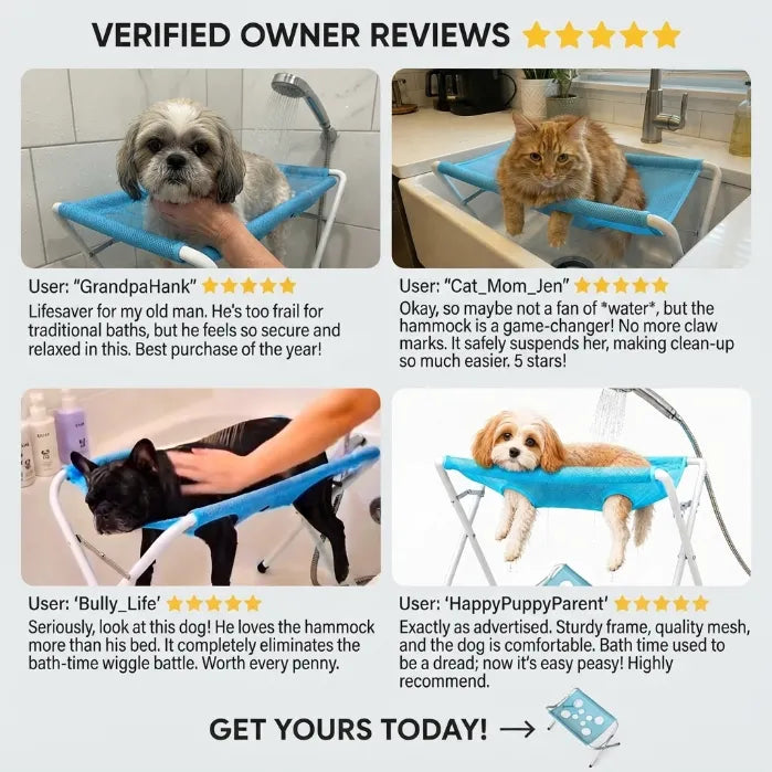 Foldable Pet Grooming & Bathing Stand – Portable Anti-Sway Bath Hammock Station with Harness for Cats & Small Dogs