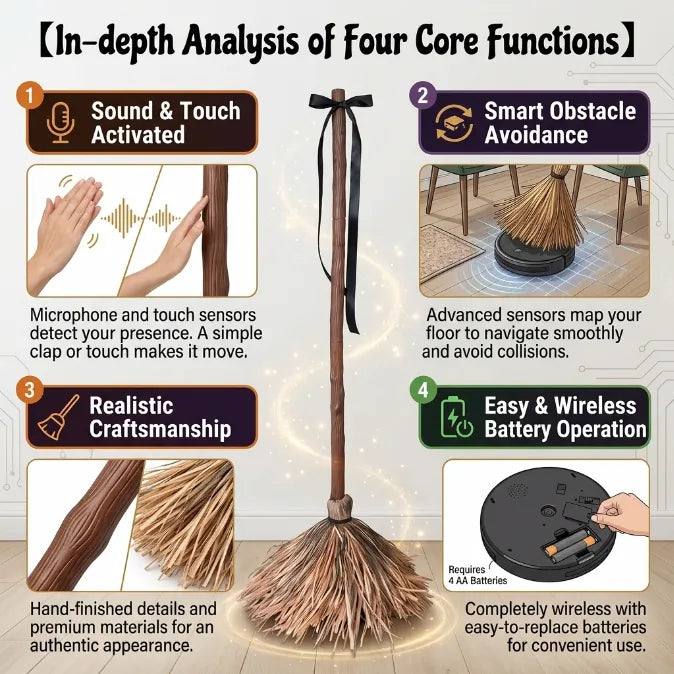 Animated Floating Witch Broomstick – Sound-Activated Dancing Halloween Broom with Smart Obstacle Avoidance