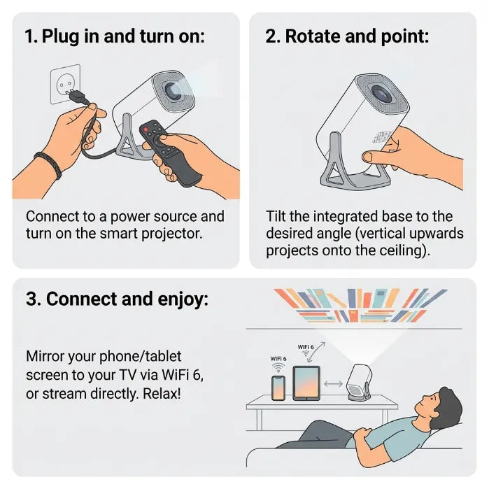 Smart 180° Rotatable HD Projector for Ceiling – WiFi 6 & Bluetooth, Auto Keystone, 4K Support for Home & Bedtime Reading