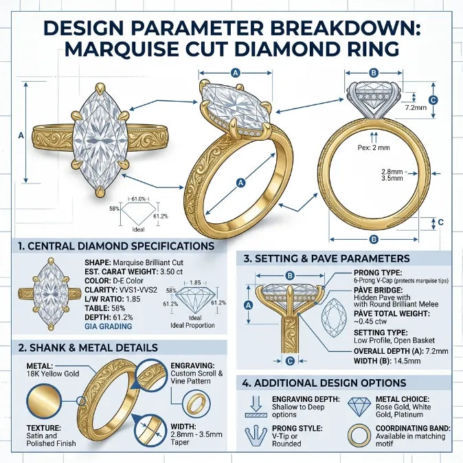 The Empress Marquise-Vintage Hand-Engraved Ring with Hidden Halo