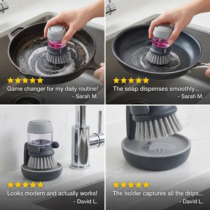 Palm Soap Dispensing Brush with Countertop Storage Caddy