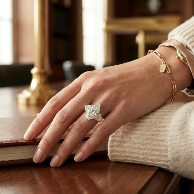 Grand Marquise & Double Heart Statement Ring — Handcrafted Vintage Floral Engraving & V-Claw Protection