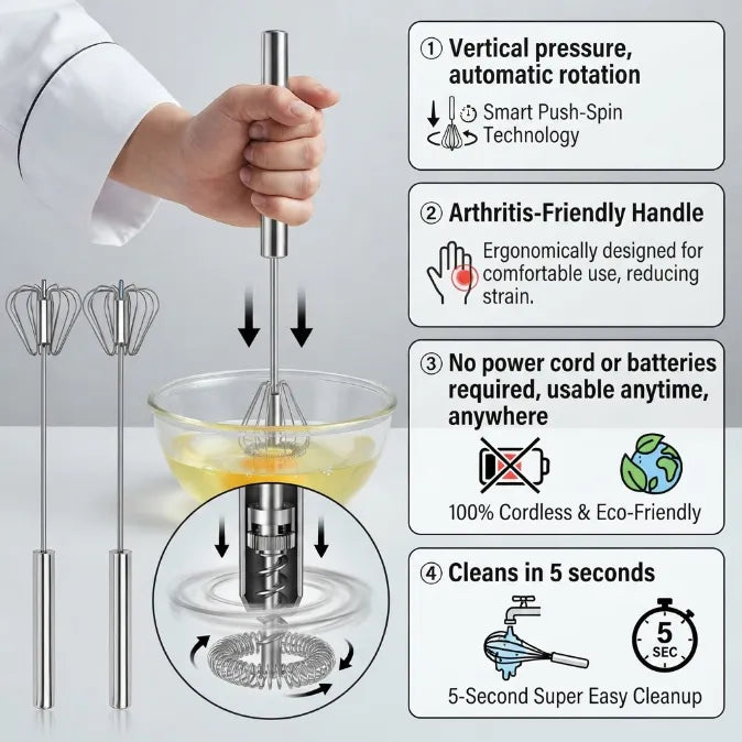 The Effortless Semi-Automatic Whisk™ | 360° Rotating Hand Push Blender & Frother for Baking, Coffee & Eggs