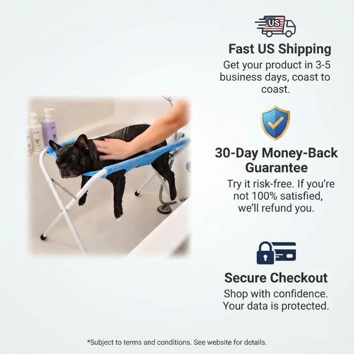 Foldable Pet Grooming & Bathing Stand – Portable Anti-Sway Bath Hammock Station with Harness for Cats & Small Dogs