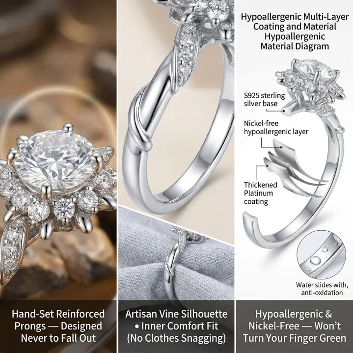 Handcrafted Vine Halo Moissanite Ring – 2.65 Refractive Index Sparkle, Hypoallergenic Comfort Fit
