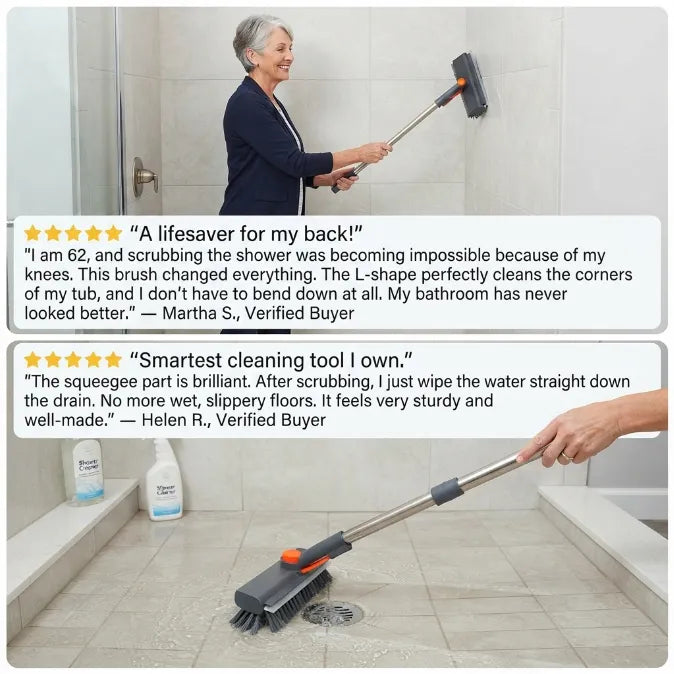 3-in-1 Long Handle Scrub Brush with Squeegee - Ergonomic L-Shaped Floor & Tile Scrubber for Bathroom, Shower, Grout & Baseboards (No Bending Required)