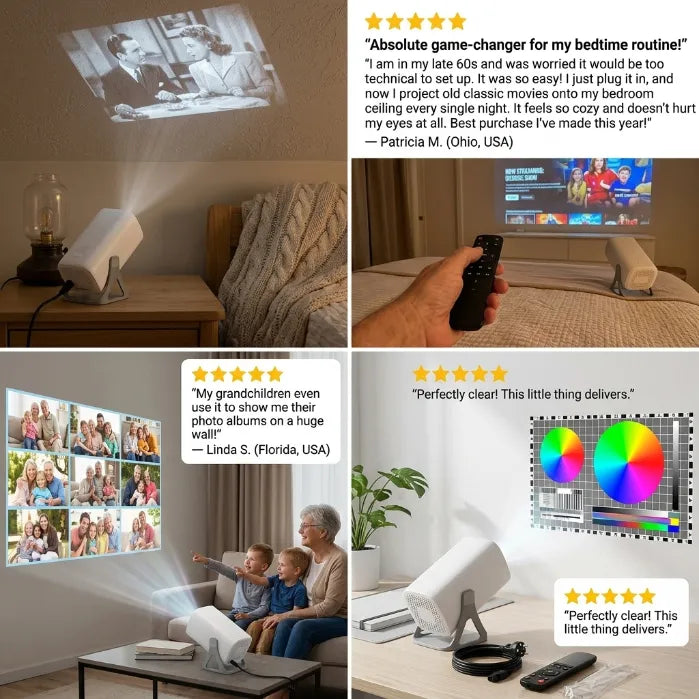 Smart 180° Rotatable HD Projector for Ceiling – WiFi 6 & Bluetooth, Auto Keystone, 4K Support for Home & Bedtime Reading