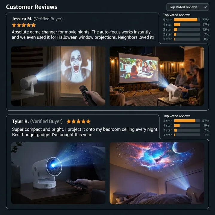 Halloween Edition Smart 1080P Mini Projector | 220° Rotatable Auto-Focus Outdoor & Window Movie Theater for Bedroom, Camping & Parties