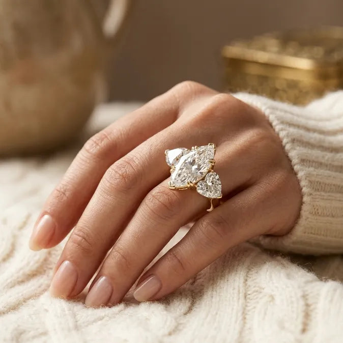 Grand Marquise & Double Heart Statement Ring — Handcrafted Vintage Floral Engraving & V-Claw Protection