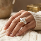 Grand Marquise & Double Heart Statement Ring — Handcrafted Vintage Floral Engraving & V-Claw Protection