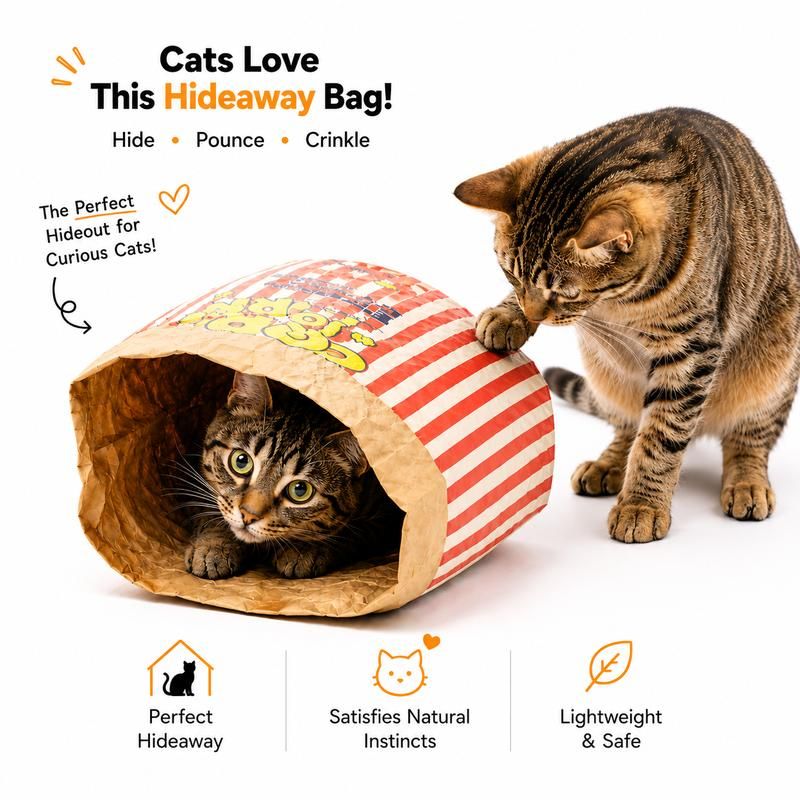 🔥50% OFF Last Day Sale Popcorn Cat Crinkle Hideaway Bag – 4-in-1 Giant Cat Toy with Built-In Crinkle Sound, Scratch & Foldable Play Nest