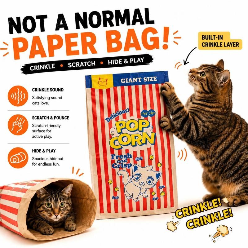 🔥50% OFF Last Day Sale Popcorn Cat Crinkle Hideaway Bag – 4-in-1 Giant Cat Toy with Built-In Crinkle Sound, Scratch & Foldable Play Nest